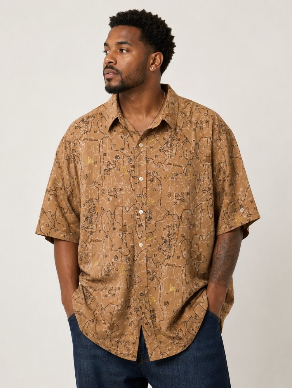 Phat Farm Men’s XL Nautical Chart Print Shirt Brown Ocean Map Button Front
